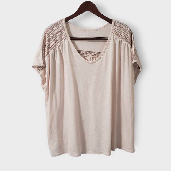 Pure Jill Sz 2X Banded Embroidered Tee Pink Cap Sleeve Top Boxy Relaxed Casual - Picture 1 of 10